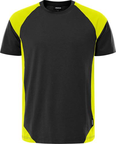 Ein schwarzes und hellgelbes kurzärmliges Sportshirt mit nahtlosem Design, das Komfort und Stil betont.