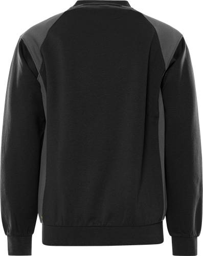 Ein schwarzes Langarmshirt, von hinten gezeigt, mit schlichtem Design und leicht kontrastierenden Schultereinsätzen.