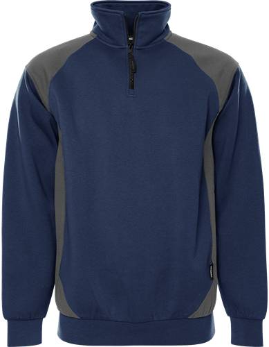 Ein blau-grauer Langarm-Pullover mit Reißverschluss vorne, mit kontrastierenden Ärmeleinsätzen.