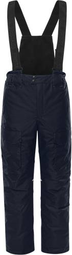 Eine Hose aus dunkelblauen Cargohosen mit sichtbaren Nähten und großen Taschen.