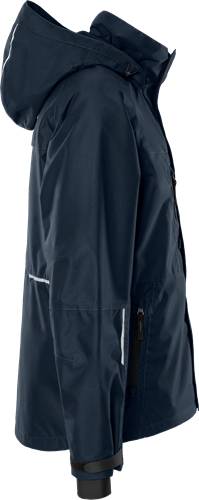 Eine marineblau Jacke mit einem Reißverschluss und zwei sichtbaren Taschen.