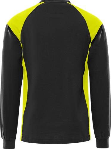 Das Bild zeigt die Rückansicht einer langärmeligen Sportjacke in Schwarz mit leuchtend gelben Akzenten an den Schultern und Seiten.