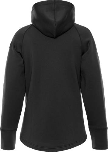 Das Bild zeigt ein schwarzes Kapuzensweatshirt von hinten und präsentiert dessen einfaches, schlichtes Design und lange Ärmel.