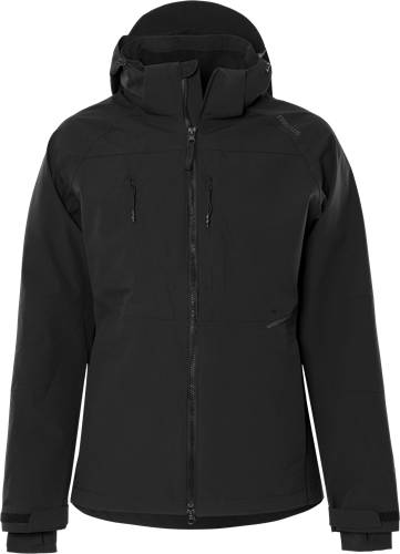 Eine schwarze Winterjacke mit Kapuze, Reißverschluss vorne und zwei vertikalen Brusttaschen.