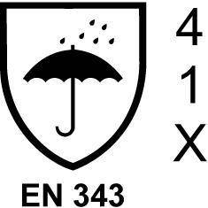 Witterungsbeständiges Schutzkleidungssymbol mit Regenschirm und Regentropfen, gekennzeichnet mit EN 343, das Schutz vor Regen anzeigt.
