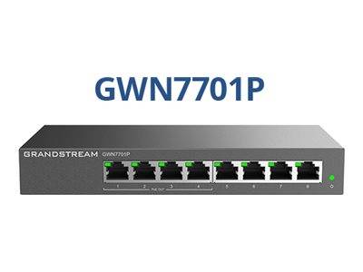 Bild eines Grandstream GWN7701P-Netzwerk-Switches mit acht Ethernet-Anschlüssen und Statusleuchten, mit der Beschriftung 