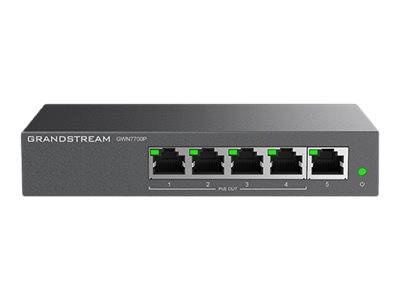 Vorderansicht eines Grandstream GWN7700P Netzwerk-Switches mit fünf Ethernet-Anschlüssen und grünen Statusleuchten auf weißem Hintergrund.