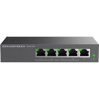 Frontansicht eines Grandstream-Netzwerk-Switches mit fünf Ethernet-Anschlüssen und Statusleuchten auf einem grauen Metallgehäuse.