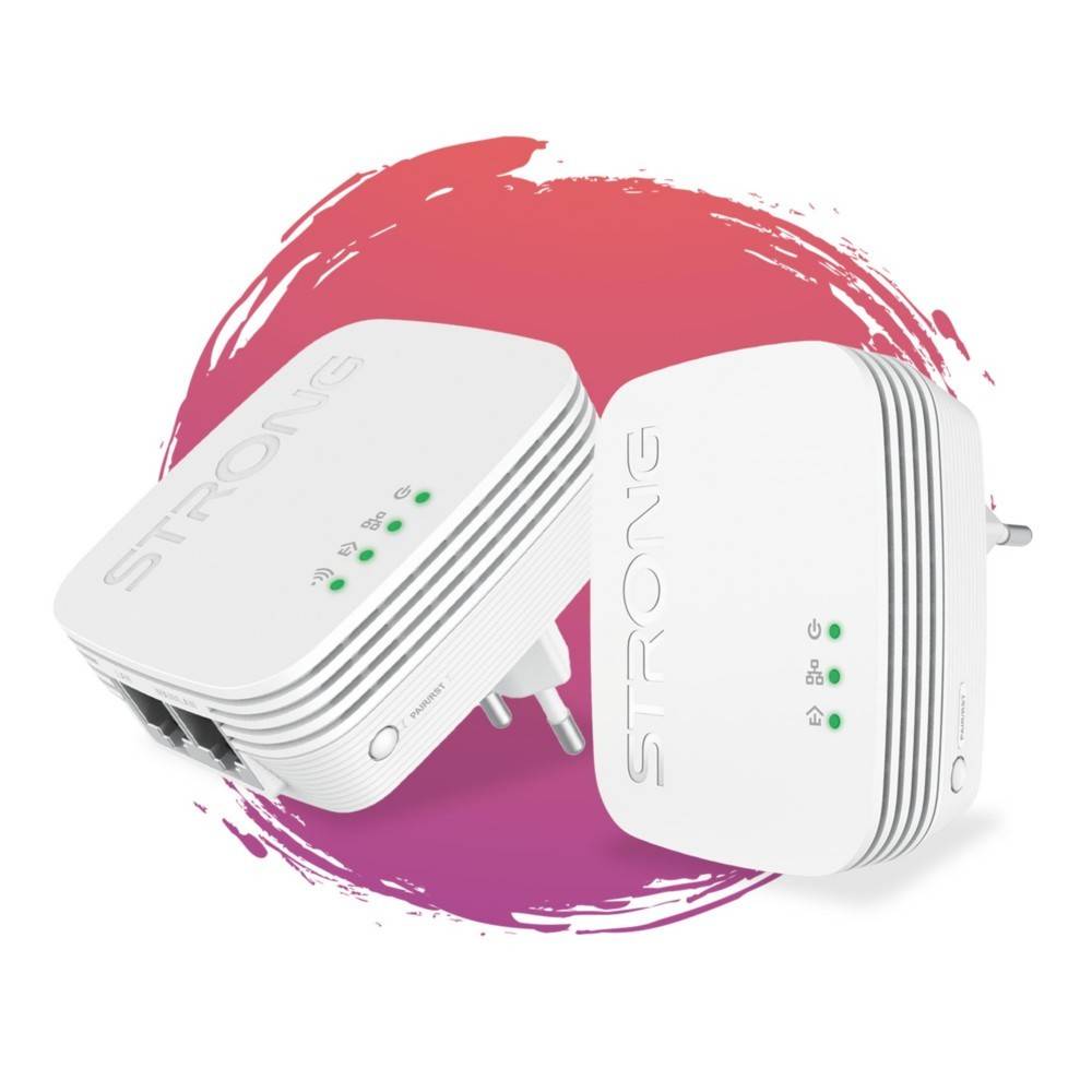 Zwei weiße Powerline-Adapter mit grünen LED-Anzeigen, dargestellt vor einem rosa-lila Farbverlaufkreis, der die Markenbezeichnung 