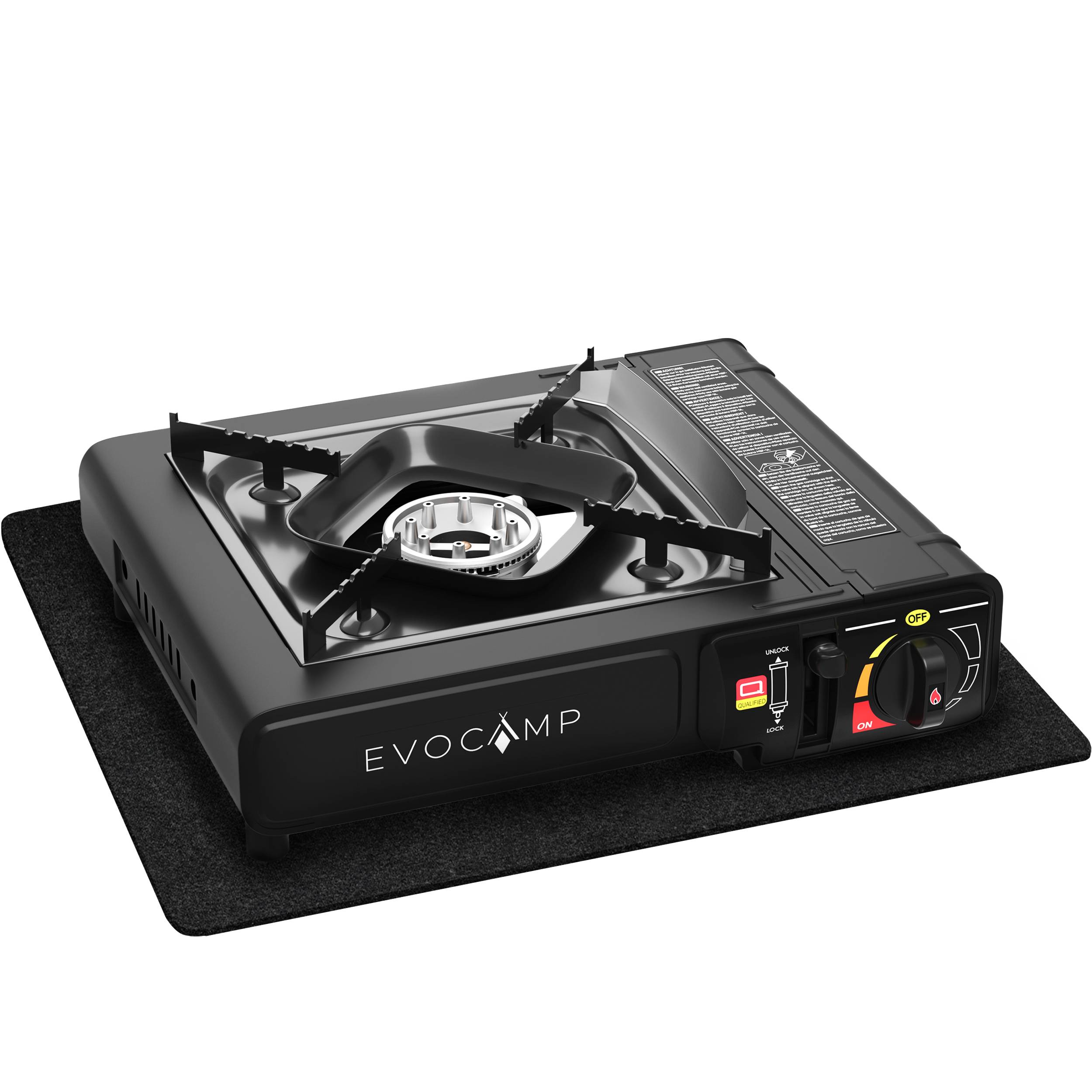 EVOCAMP Gaskocher 1-flammig Piezozündung für 227g Gaskartuschen - mit Tragekoffer und feuerfester Unterlage 40x32 cm