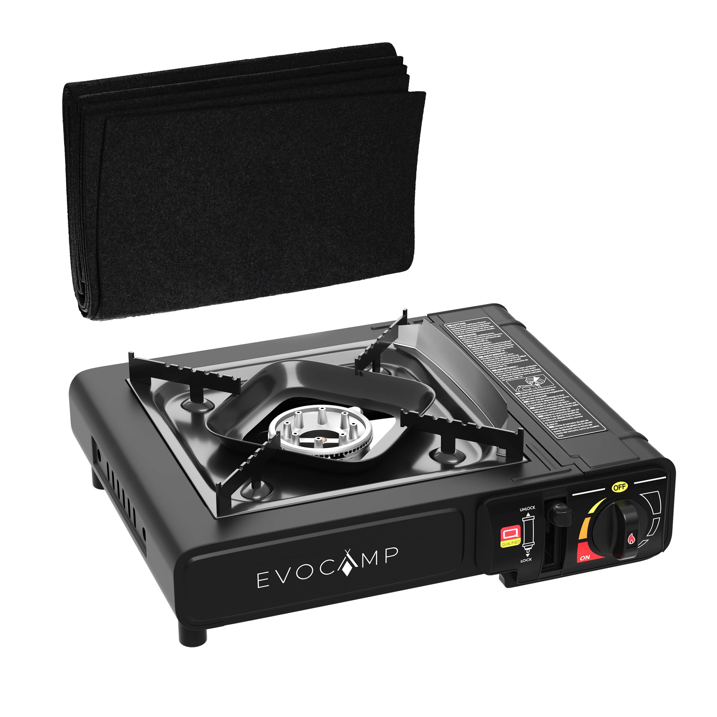 EVOCAMP Gaskocher 1-flammig Piezozündung für 227g Gaskartuschen - mit Tragekoffer und feuerfester Unterlage 40x32 cm