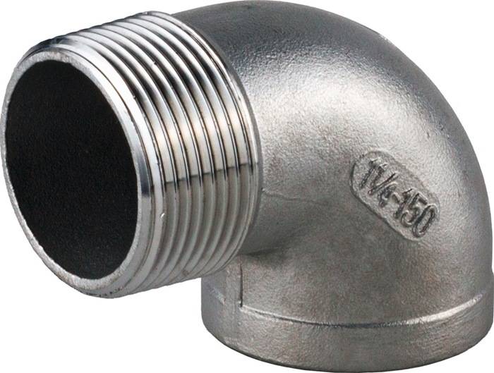 Ein Metallbogen-Rohranschluss mit Gewindeenden, gekennzeichnet als '1/4-150', der zur Richtungsänderung in Rohrleitungssystemen verwendet wird.