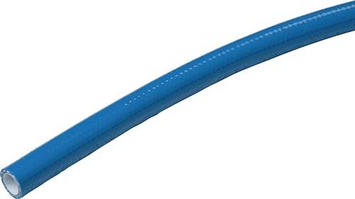 Ein blauer gebogener Schlauchabschnitt, möglicherweise für Gartenbau oder Bauarbeiten verwendet.