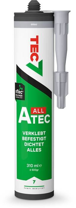 Tec7 Alltec Dichtmittel Kartusche, 310 ml, mit grauer Düse; das Etikett besagt, dass es alles klebt, befestigt und abdichtet.