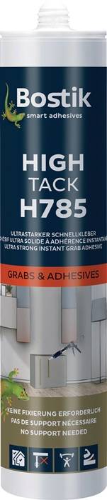 Das Bild zeigt einen Behälter von 'H785 Ultra Strong Instant Grab Klebstoff' mit Text in mehreren Sprachen. Das Etikett ist blau und orange.