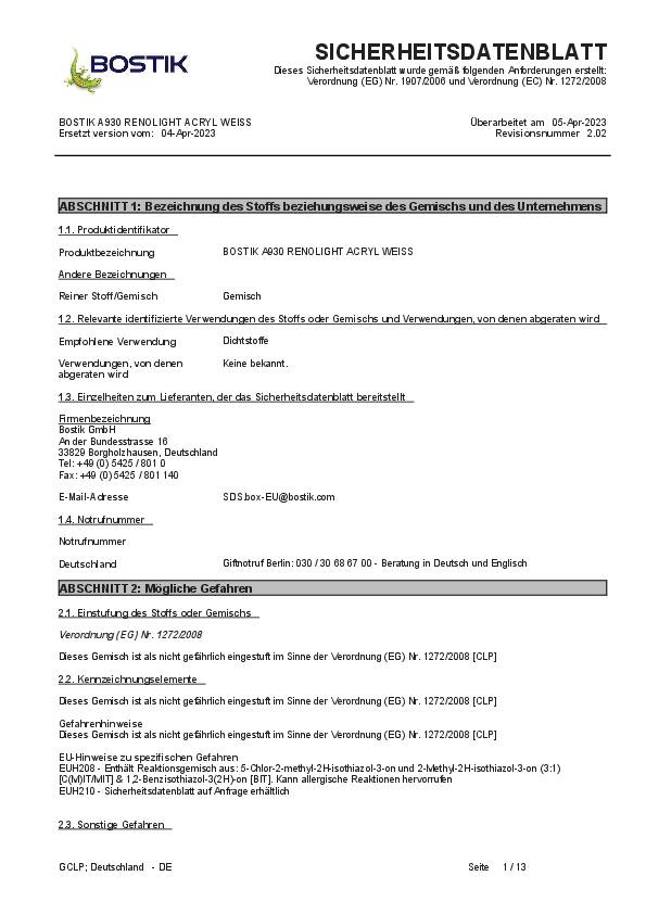 Füllspachtel RENOLIGHT ACRYL A930 weiß B2 n.DIN 4102 300ml BOSTIK