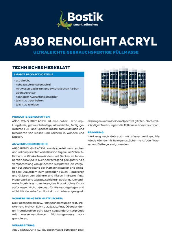 Füllspachtel RENOLIGHT ACRYL A930 weiß B2 n.DIN 4102 300ml BOSTIK