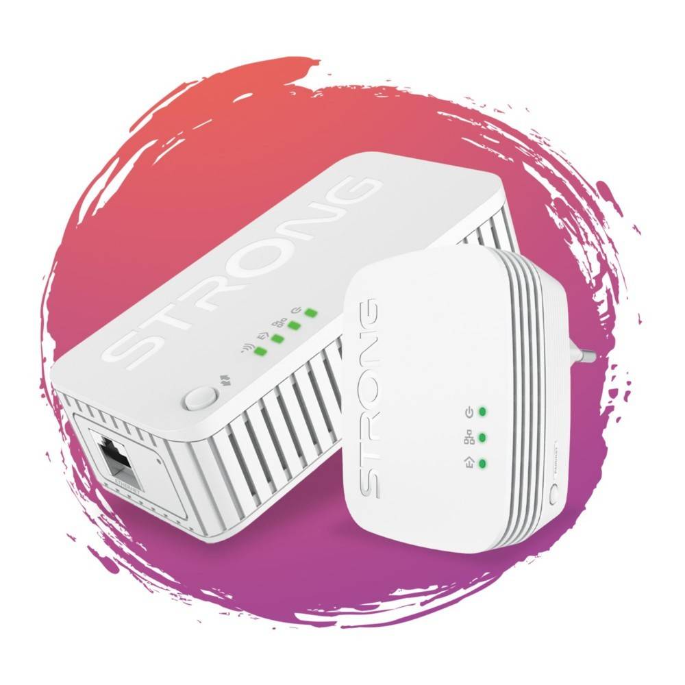 Ein Paar Strong-Powerline-Adapter mit Anzeigelampen, die Konnektivität und Netzwerkfunktionalität vor einem farbenfrohen Hintergrund präsentieren.