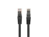 Zwei schwarze Ethernet-Kabel mit RJ45-Steckern nebeneinander auf weißem Hintergrund dargestellt.