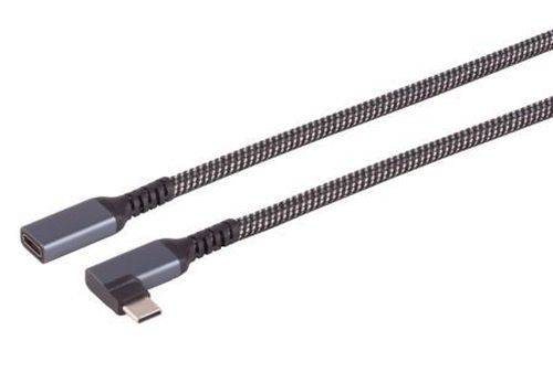 USB-C-Kabel im rechten Winkel mit geflochtenen schwarzen Anschlüssen auf weißem Hintergrund.