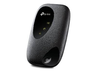 Ein schwarzes TP-Link mobiles WLAN-Hotspot-Gerät mit LED-Anzeigen für Stromversorgung, Signalstärke und WLAN-Status auf der Vorderseite.