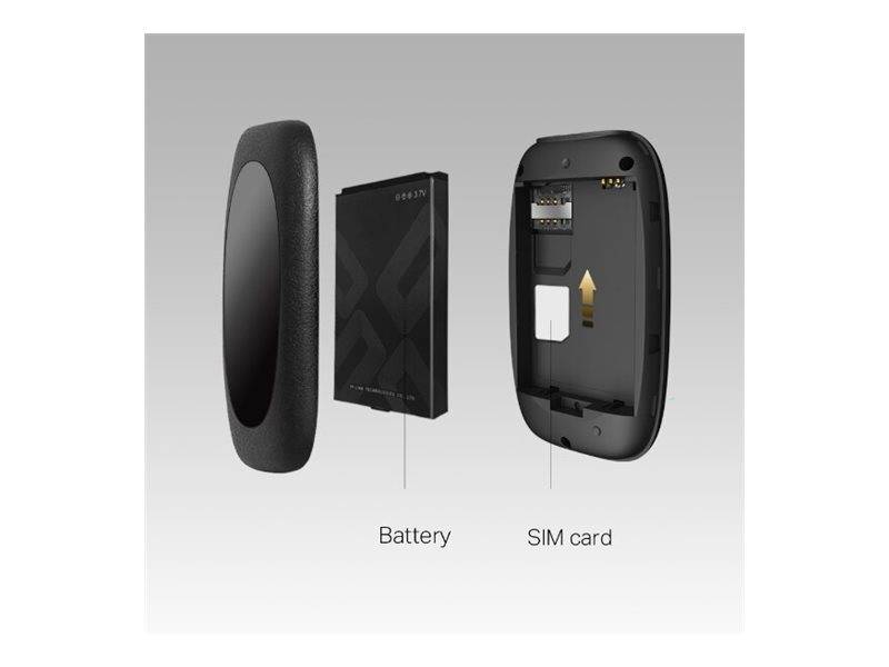 Bild zeigt ein Gerät mit abgenommener Rückseite, Batterie und herausgenommenem SIM-Karten-Steckplatz. Beschriftungen weisen auf 