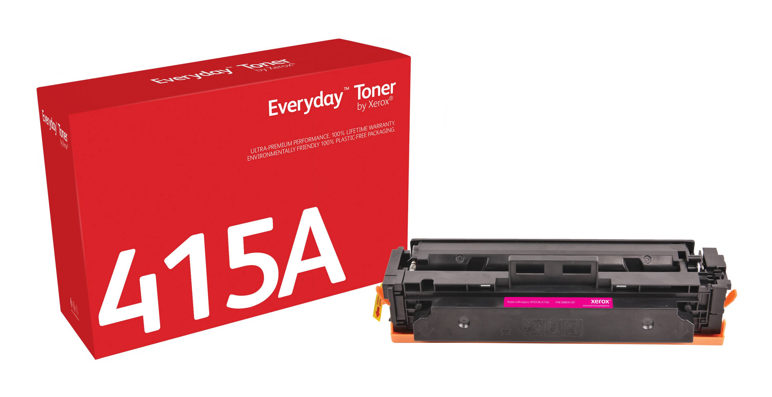 Rote Schachtel mit Everyday Toner, Modell 415A, neben einer schwarzen Druckertonerkartusche auf weißem Hintergrund dargestellt.