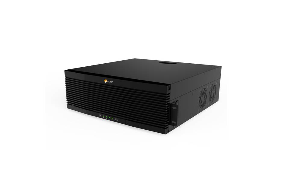 Schwarze rechteckige Server- oder USV-Einheit mit Belüftungsgitter an der Vorderseite, Kontrollleuchten und seitlichen Kühlventilatoren auf weißem Hintergrund.