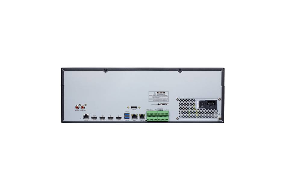 Rückansicht einer Rack-Mount-Elektroniksteuereinheit mit Stromeingang, Netzwerk- und USB-Anschlüssen, Klemmleiste, HDMI-Ausgang und Kühlüftung.