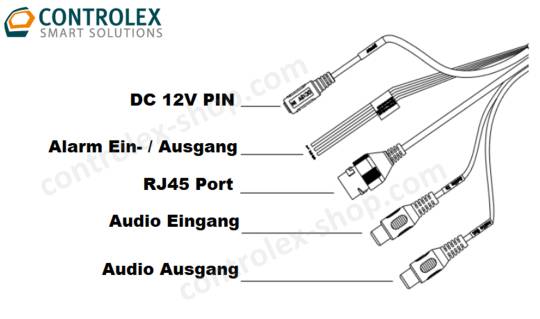 ControlEx Smart Solutions Schaltplan mit einem Kabelbaum mit beschrifteten Steckverbindern: DC 12V Pin, Alarmeingang/Ausgang, RJ45-Anschluss, Audioeingang und Audioausgang.