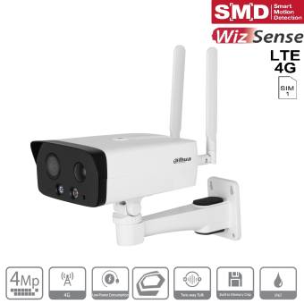Weiße Außensicherheitskamera mit zwei Antennen und Wandhalterung, gekennzeichnet mit SMD WizSense LTE 4G, 4MP und SIM 1.