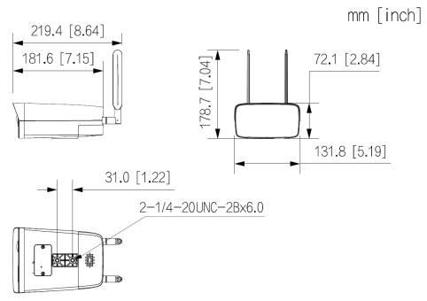 Technische Zeichnung mit Abmessungen eines Steckadapters mit klappbaren Stiften, zeigt Vorder-, Seiten- und Draufsicht mit Abmessungen in mm und Zoll.