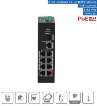 Dahua - PFS3110-8ET-96-V2 - Switch - 8 PoE - 1 SFP, - 10 Port Switch - 8x PoE Ethernet Port 10/100 Mbps - 1x Uplink Eth