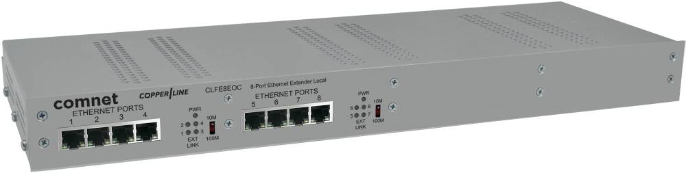 Vorderansicht eines Comnet Ethernet-Geräts mit acht RJ45-Anschlüssen und Status-LEDs auf einem grauen Gehäuse für Rackinstallation.