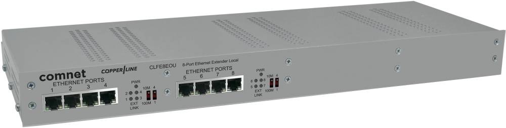 Vorderansicht eines ComNet Kupferleitungs-Ethernet-Switches mit 8 Ethernet-Anschlüssen und Status-LEDs auf einem silbernen Rack-Mount-Panel.