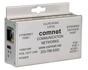 Silver ComNet Kommunikationsnetzwerk-Extender-Gerät mit Ethernet-Port und beschrifteten Stromversorgungs-/PoE-Indikatoren auf der Vorderseite.