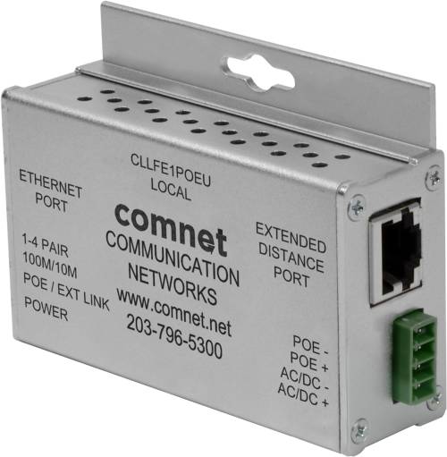 Comnet Kommunikationsnetzwerke Ethernet/PoE-Verlängerungsbox mit gekennzeichneten lokalen und erweiterten Entfernungsanschlüssen auf einem Metallgehäuse.