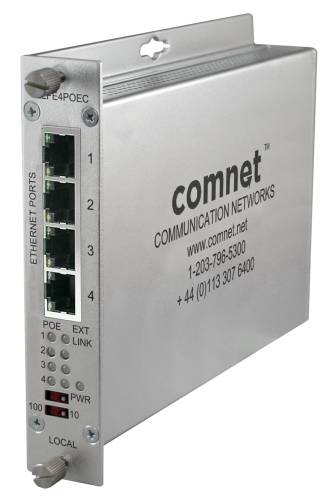 Foto eines ComNet-Kommunikationsnetzwerk-Ethernet-PoE-Verlängerers, silbernes Metallgerät mit vier nummerierten Ethernet-Anschlüssen und Status-LEDs.