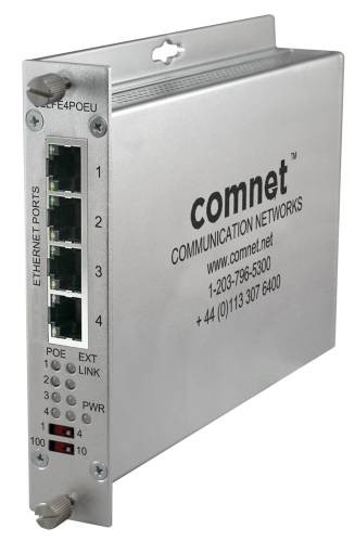 Foto eines Comnet-Kommunikationsnetzwerk-Ethernet-Switches mit vier nummerierten Anschlüssen, PoE-Indikatoren und Modelltext auf der Frontplatte.