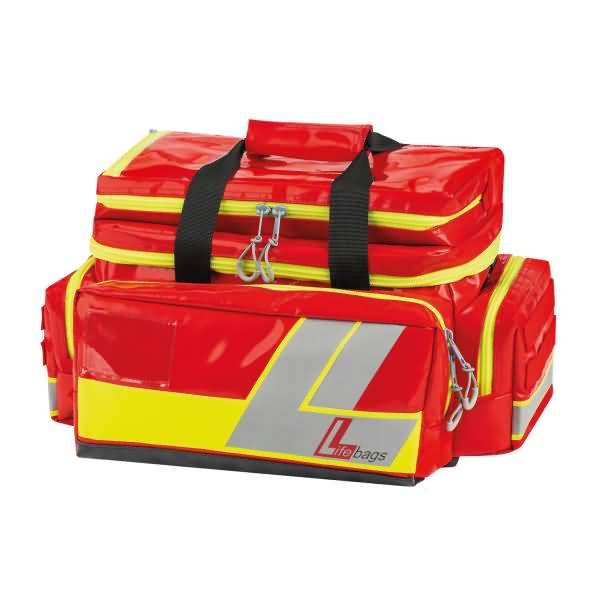 Rote Notfalltasche mit schwarzen Riemen und reflektierenden gelb-grauen Akzenten, auf weißem Hintergrund dargestellt.