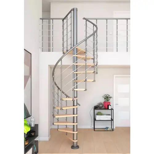Dolle Spindeltreppe Oslo Ø160cm mit 294-322cm Geschosshöhe 13 Stufen Buche lackiert Geländer grau, mitlaufende Edelstahlstäbe Dolle Spindeltreppe Oslo Ø160cm mit 294-322cm Geschosshöhe 13 Stufen Buche lackiert Geländer grau, mitlaufende Edelstahlstäbe