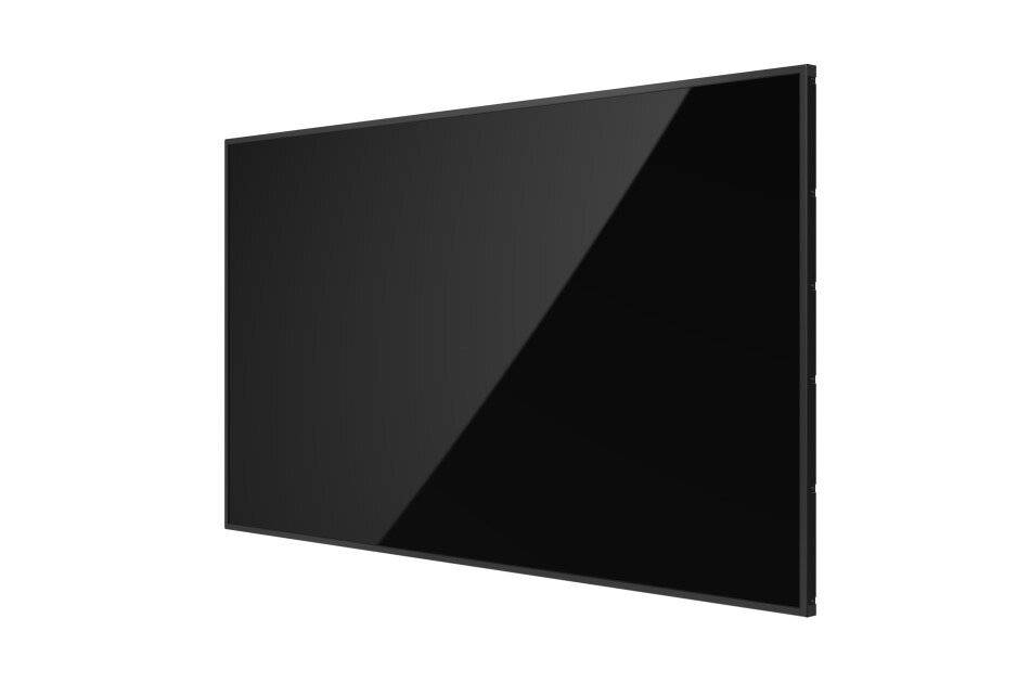 Ein schlanker, schwarzer Flachbildschirm-Fernseher auf weißem Hintergrund, der sein modernes, schlankes Design und die glänzende Oberfläche betont.