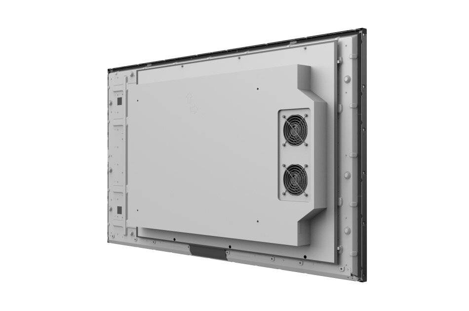 Rückansicht eines großen Flachbildschirms oder Monitors, der die Rückseite des Gehäuses, den Befestigungsrahmen und zwei Kühlventilatoren zeigt.