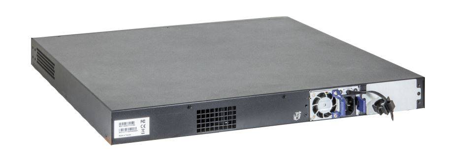 Vorderansicht eines rackmontagegehäuses für einen Server mit flacher grauer Oberseite, Belüftungsgitter, Anschlüssen, Kühlventilatoren und einem Schloss auf der rechten Seite.