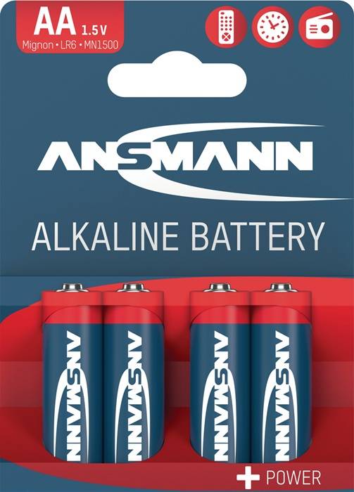 ANSMANN Alkaline Batterie-Verpackung mit vier AA-Batterien in einer blauen und roten Blisterpackung.