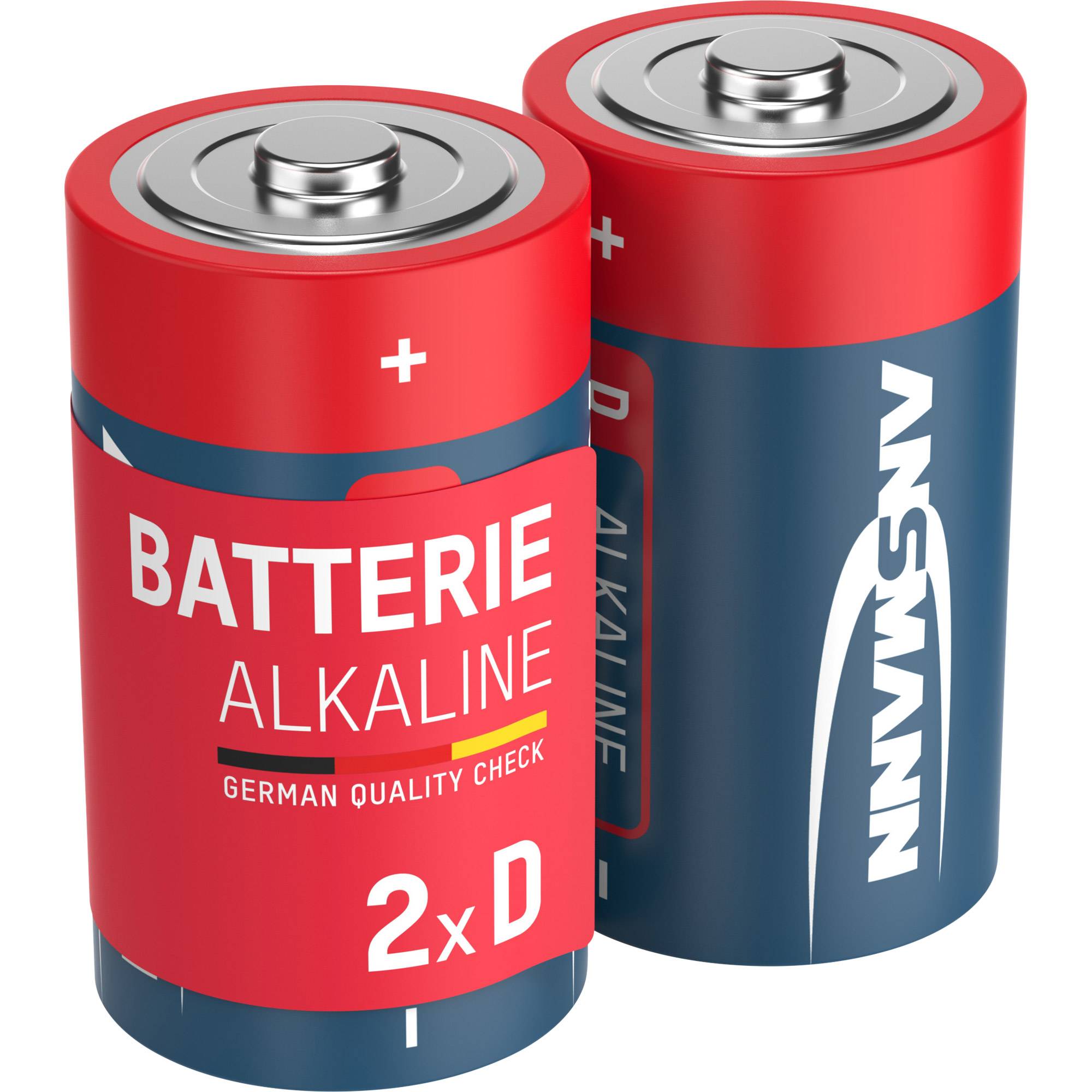 Zwei alkalische D-Batterien, mit roten und blauen Etiketten, mit sichtbaren Plus- und Minusklemmen.