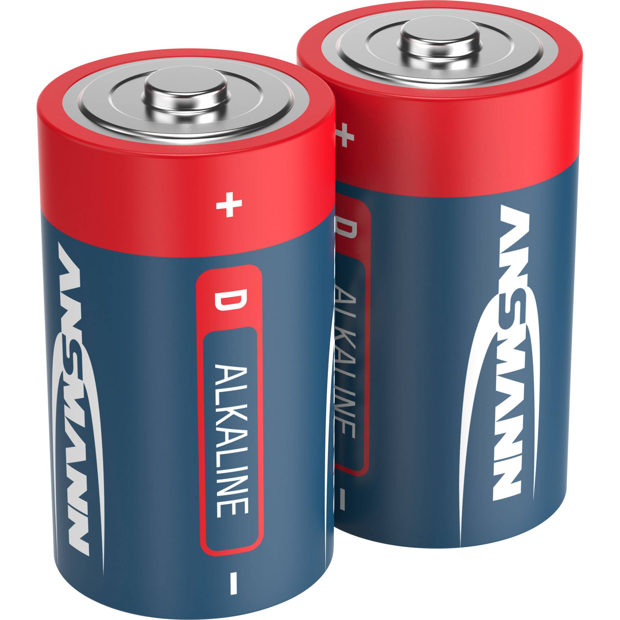 Zwei AA-Alkali-Batterien, aufrecht stehend, rot und blau, Marke Ansman, mit sichtbaren positiven und negativen Anschlüssen.