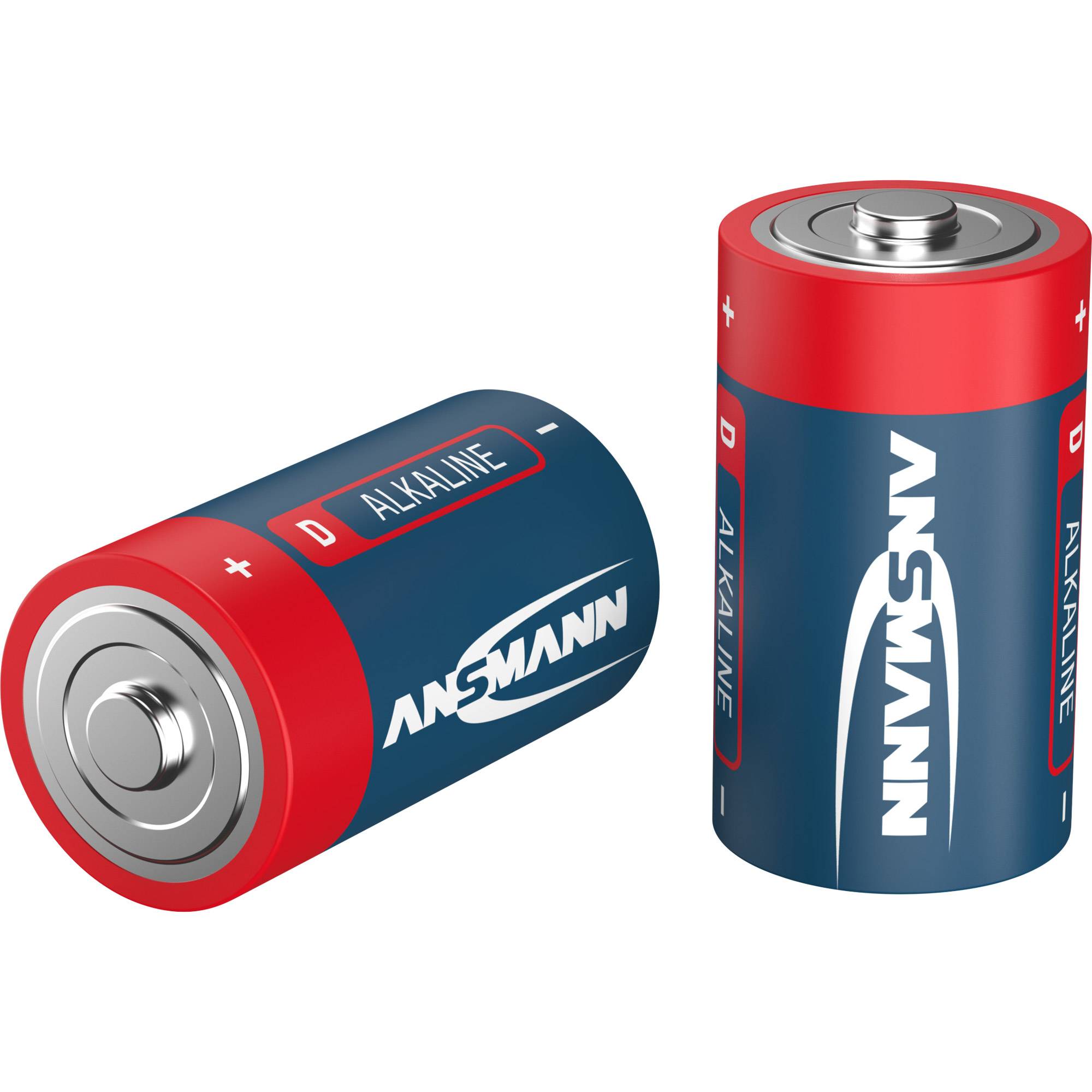 Zwei AA-Alkalibatterien, eine liegt auf ihrer Seite und eine steht aufrecht, mit der Beschriftung ANSMANN auf weißem Hintergrund.