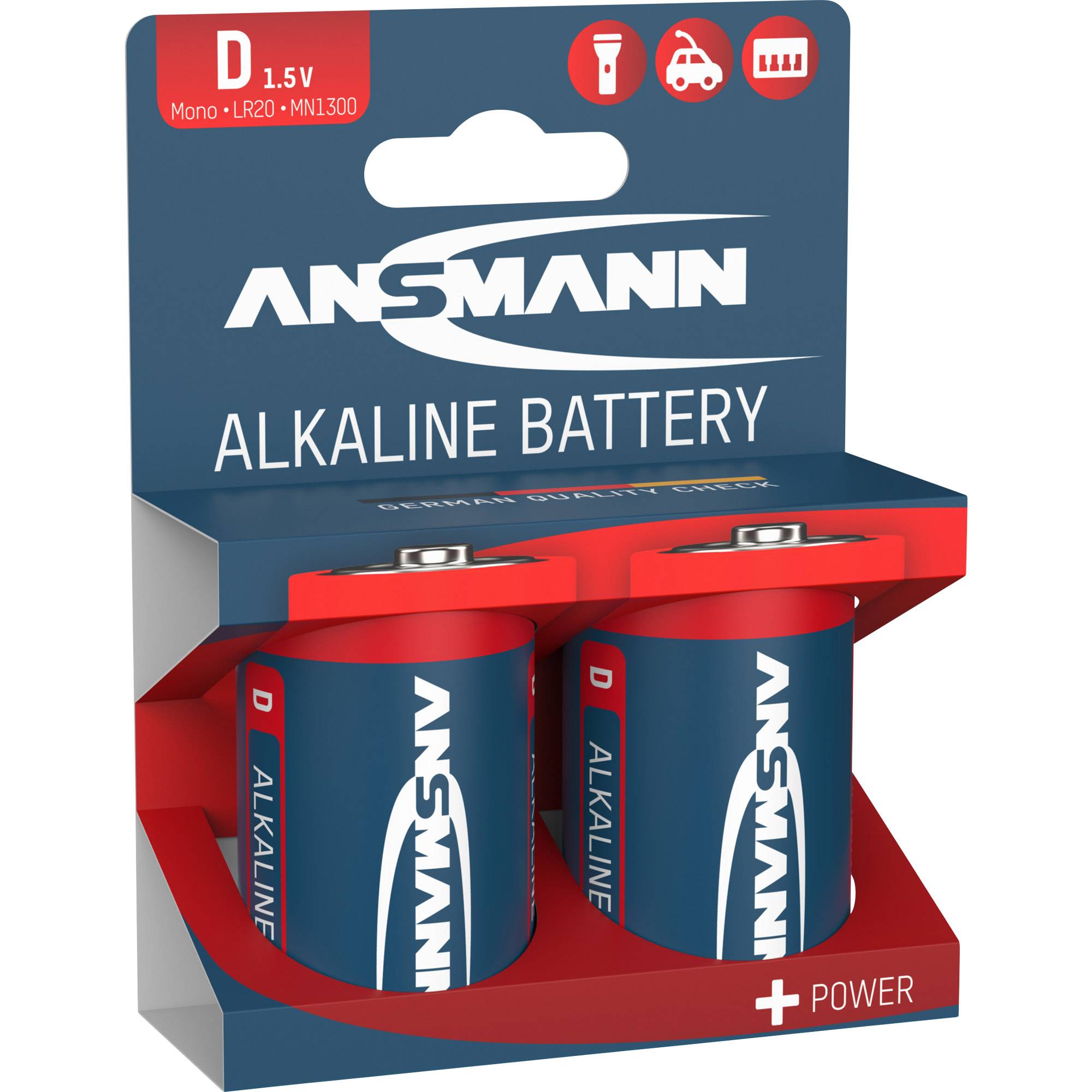 Verpackung von zwei ANSMANN D 1,5V Alkali-Batterien in einer Einzelhandels-Blisterpackung, gekennzeichnet für die Verwendung von Mono LR20/MN1300.