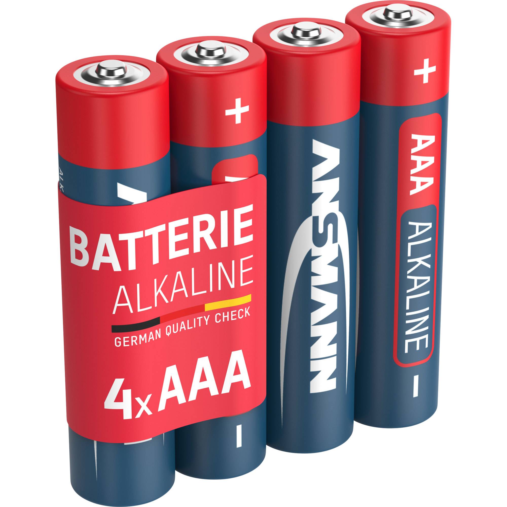 Vier AAA-Alkali-Batterien in rot und blauer Verpackung mit der Aufschrift „BATTERIE ALKALINE